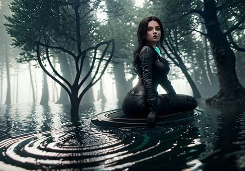 cheveux noir, dans un lac, scène brumeuse au milieu de la forêt.,photo manipulation,photoshop manipulation,digital compositing,photomanipulation,rusalka,conceptual photography,submerged,the enchantres