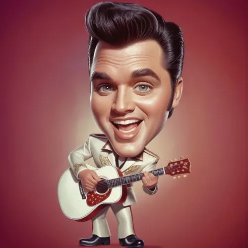 Caricature style drawing of a celebrity, big head, small body, exaggerated facial expressions. A 3D animated character resembling Elvis Presley, wearing a whiteA jumpsuit with red and gold accents, bl