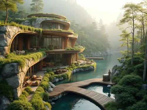 fallingwater,tree house hotel,rivendell,asian architecture,futuristic landscape,house by the water,house in the mountains,dreamhouse,house with lake,house in mountains,shangri,luxury property,futuristic architecture,amanresorts,beautiful home,forest house,shaoming,ecotopia,tree house,luxury hotel,Photography,General,Realistic