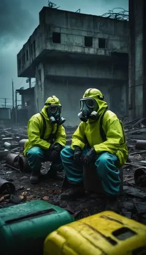 Abandoned, futuristic, hostile architecture, irradiated ruins, crumbling concrete walls, shattered glass windows, twisted metal beams, eerie glowing neon lights, toxic waste barrels, hazmat suits, gas