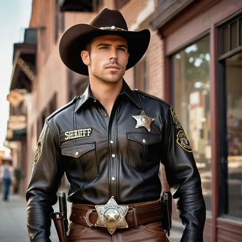 a handsome sheriff, 25 years old, he has a southern accent, wearing leather pants and leather shirt, with a large belt buckle in the shape of a sheriff badge that says sheriff on it, in town
,sheriff,