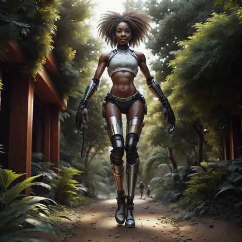 sci fiction illustration,biomechanical,female runner,cybernetics,cyborg,warrior woman,female warrior,humanoid,african american woman,black woman,biomechanically,exoskeleton,world digital painting,robotic,neottia nidus-avis,digital compositing,dryad,scifi,ai,futuristic