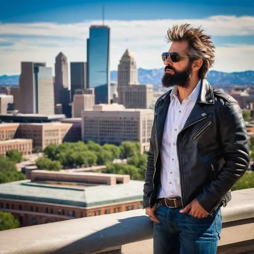 Male, mature photographer, casual wear, jeans, white shirt, black leather jacket, sunglasses, beard, messy hair, holding camera, standing, Denver cityscape, modern skyscraper, urban landscape, concret