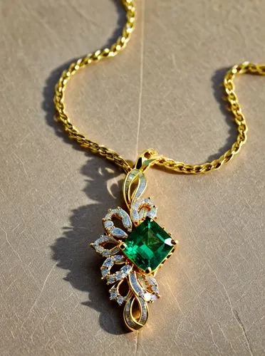 A pendant emerald and marques diamond, high quality, high resolution, ultra details,8k,a close up of a gold chain necklace with a green gemstone center,cuban emerald,paraiba,gold jewelry,goldkette,mou