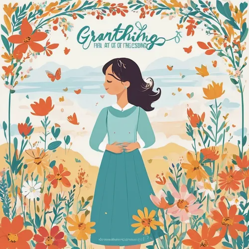 Express gratitude for the blessings in your life and the joy of shared moments.,greetting card,kahila garland-lily,floral greeting card,floral background,girl in flowers,greeting card,girl in a wreath