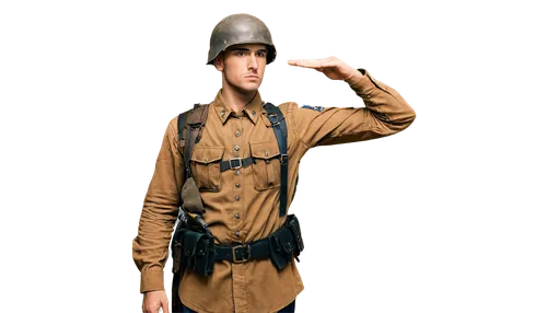 Historical male soldier, World War II, solo, (25yo), worn uniform, helmet, rifle, bandolier, serious facial expression, muscular arms, standing, heroic pose, realistic, warm lighting, cinematic compos