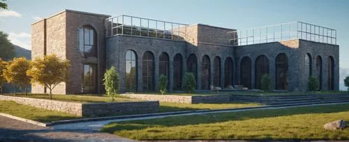 the house has a glass roof and stone walls,jermuk,matenadaran,ctesiphon,mausoleum ruins,mausoleums,3d rendering,Photography,General,Sci-Fi