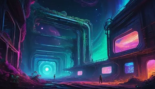 rift,cyberia,portals,environments,xanadu,vast,3d fantasy,futuristic landscape,scifi,interdimensional,dimension,neon ghosts,ufo interior,ruin,vapor,majora,sanctum,dimensional,odditorium,atmospheres,Illustration,Vector,Vector 08