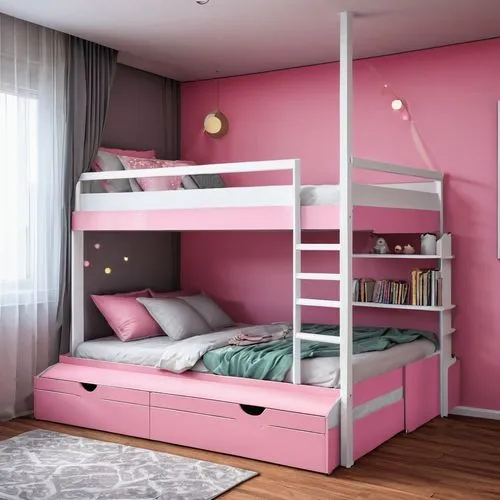 Sweety double storey bed, pink colour. ,canopy bed,bed frame,bunk bed,children's bedroom,the little girl's room,baby room,sleeping room,kids room,bedroom,baby bed,infant bed,modern room,doll house,roo