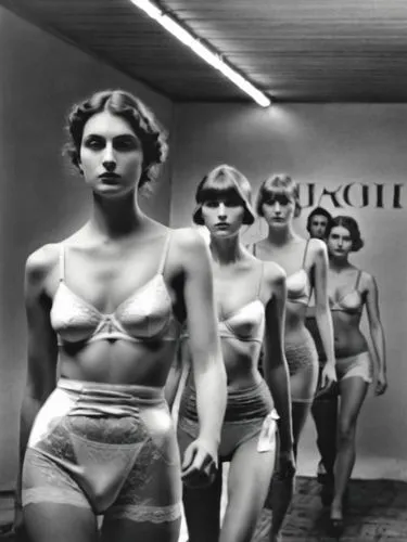 A few models on the catwalk, presenting underwear,a group of models in underwear walking down a runway,marienbad,mannequins,fembots,courreges,fornasetti,futureworld,Photography,Black and white photogr