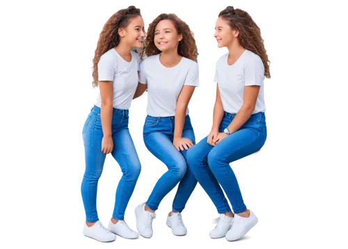 Two girls, smiling faces, embracing each other, identical hairstyles, casual wear, denim jeans, white tops, sneakers, warm sunlight, soft focus, shallow depth of field, gentle colors, heartwarming atm