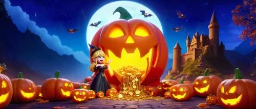 天空和远处的山脉，山脉上有古堡,the pumpkin scene has an evil woman and jack's jack - o'lantern,halloween background,halloweentown,halloween banner,garrison,halloween scene,halloween wallpaper