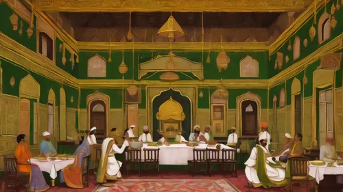 zoroastrian novruz,king abdullah i mosque,dervishes,jaipur,caravansary,alcazar of seville,caravanserai,shahi mosque,khokhloma painting,dining room,quasr al-kharana,royal interior,indian tent,rajasthani cuisine,sultan ahmed,jaisalmer,nizwa souq,orientalism,hotel hall,church painting,Illustration,Realistic Fantasy,Realistic Fantasy 05