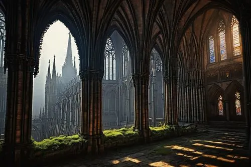 Gothic spires, grand cathedral, intricate stone carvings, stained glass windows, ornate vaulted ceiling, pointed arches, ribbed walls, flying buttresses, dramatic lighting, morning sunbeams, misty atm