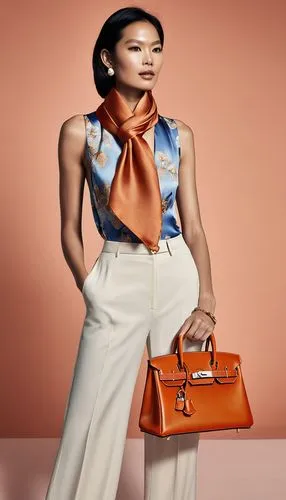 WOMAN, FULL BODY,
Sunset-inspired eye makeup using warm tones.
,a woman with a handbag on her shoulder and an orange satin scarf,krakoff,delvaux,kimiko,orange,marni,xiaoqing,Photography,General,Realis