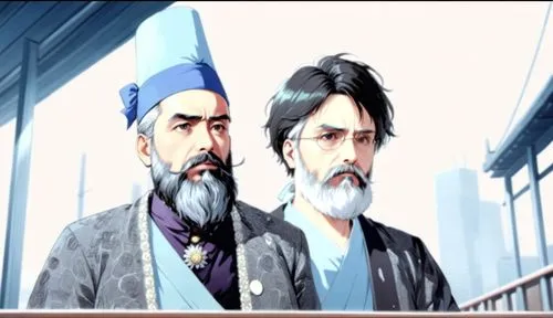 two men with long hair and beards in front of a building,baghban,ezatullah,ghalib,shinran,khilafat,guzaarish,Anime,Anime,Realistic