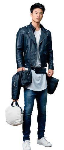 Muscular man, thief, solo, (25yo), messy black hair, scar above left eyebrow, black leather jacket, white shirt, dark jeans, sneakers, holding bag, standing, low-angle shot, dramatic lighting, cinemat