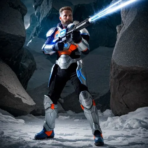 Firing a silver weapon with blue and orange trim that emits a frosted blue laser beam ,iceman,grey fox,rein,symetra,cosplay image,mercenary,astropeiler,shepard,nova,prymulki,star-lord peter jason quil