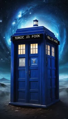 Tardis, Time Lord's time machine, starry night sky, galaxies visible in the background, British police box design, blue light emanating from top, intricate details on the surface, silver accents, futu