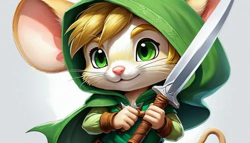 robin hood,link,splinter,jerboa,color rat,cat warrior,shen,arrow,long-eared,mouse,pied piper,cavy,mara,fairy tale character,cute cartoon character,huntress,rataplan,patrol,elf,musketeer,Illustration,Realistic Fantasy,Realistic Fantasy 01