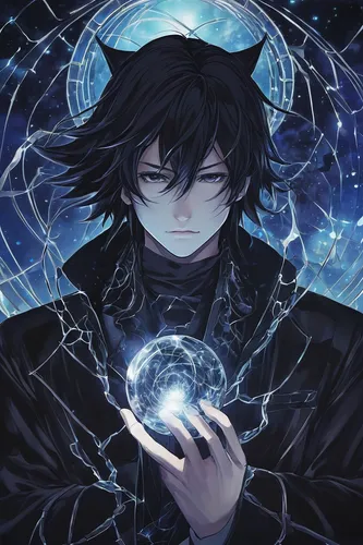 vanitas,magus,magician,crystal ball,black crow,black raven,violet evergarden,undertaker,metatron's cube,magic grimoire,the son of lilium persicum,clockmaker,ren,summoner,leo,zodiac sign leo,mage,dark-type,merlin,divination,Illustration,Japanese style,Japanese Style 09