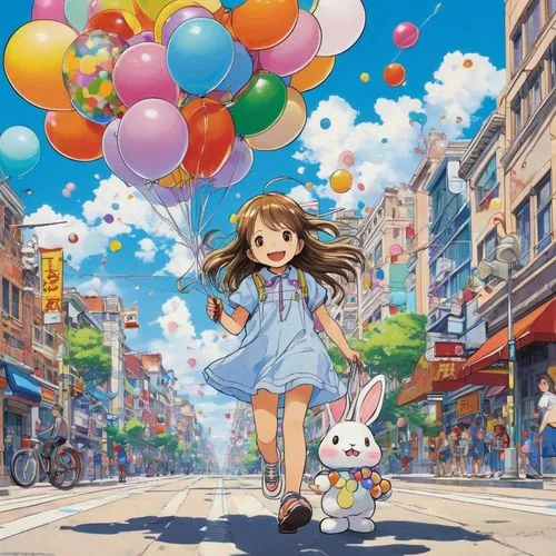 little girl with balloons,colorful balloons,cloudstreet,balloon,balloon trip,studio ghibli,balloonist,balloons flying,jewelpet,giaimo,kites balloons,balloons,nouaimi,happy birthday balloons,hosoda,play street,children's background,jewelpets,rainbow color balloons,cute cartoon image,Illustration,Abstract Fantasy,Abstract Fantasy 13