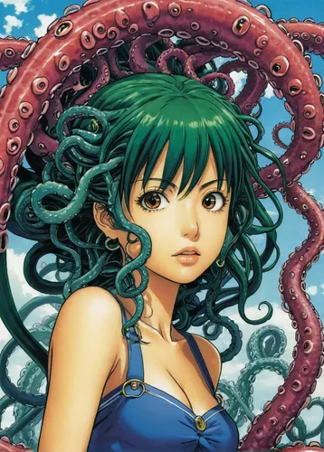 medusa gorgon,medusa,gorgon,anahata,amano,tentacle,sea snake,octopus,cnidaria,under sea,lacerta,umiuchiwa,sea eel,tentacles,green mermaid scale,god of the sea,ashitaba,the sea maid,sea god,noodle image,Illustration,Japanese style,Japanese Style 05