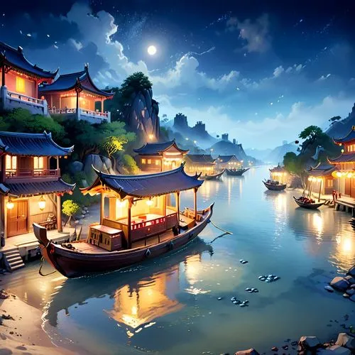 houseboats,floating huts,fishing village,lanterns,houseboat,fenghuang,boat landscape,night scene,oriental,mid-autumn festival,floating on the river,fantasy picture,fantasy landscape,windows wallpaper,landscape background,oriental lantern,shaoming,moonlit night,world digital painting,house by the water,Anime,Anime,Cartoon