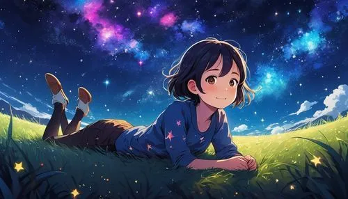 stargazing,starry sky,falling stars,girl lying on the grass,colorful stars,falling star,star sky,starry,fireflies,rainbow and stars,night stars,night sky,fairy galaxy,children's background,the stars,studio ghibli,dream world,stars,the night sky,hanging stars,Illustration,Japanese style,Japanese Style 05