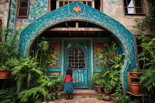 Counterculture-inspired architecture, psychedelic colors, ornate decorations, eclectic mix of vintage and futuristic elements, intricate tile work, stained glass windows, curved lines, asymmetrical st