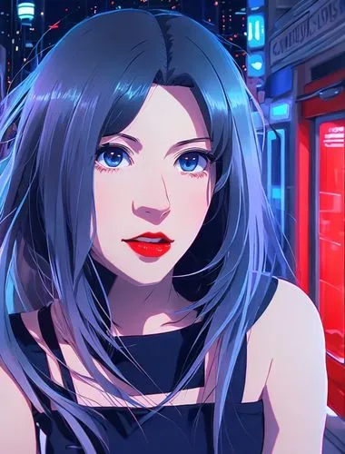 a portrait half body of a caucasian girl 24 years old black hair, red lips dressing a blue dress   the paris city in the night as background in 4k,midnight blue,femme fatale,cg artwork,game illustrati