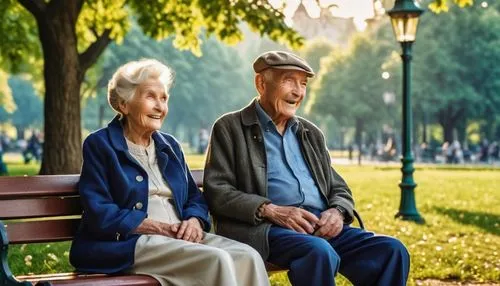 realistic, cinematic image, lighting according to the scene, An elderly couple sitting on a park bench, with expressions of happiness and contentment, symbolizing longevity and the depth of eternal lo