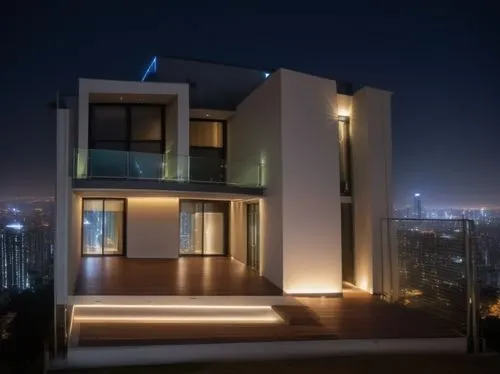 The sleek lines of a minimalist style house come alive in a bustling city street, surrounded by towering skyscrapers and flickering neon lights. The house is reminiscent of a futuristic masterpiece, w