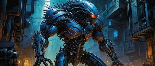 Biomechanical monster, muscular body, mechanical limbs, glowing blue circuits, metallic skin, sharp claws, fierce eyes, intricate machinery details, industrial background, dark alleys, cityscape, nigh