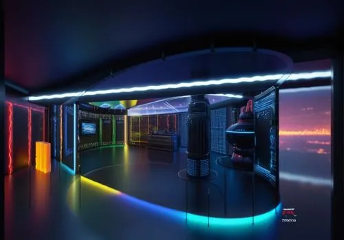 ufo interior,nightclub,3d render,neon coffee,neon light,colored lights,ambient lights,spaceship interior,lumo,hallway space,3d background,computer room,3d rendering,levator,arcade,cinema 4d,game room,