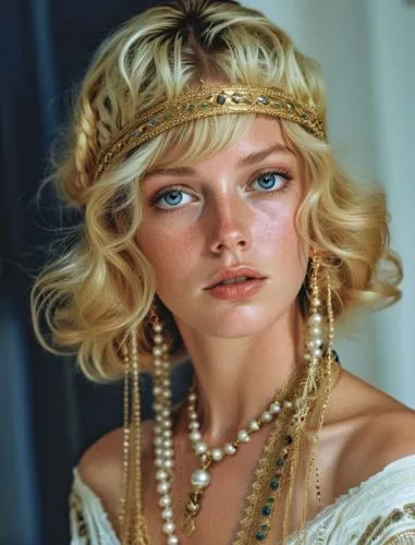 a blond woman with blue eyes wearing pearls and chains,hippolyta,veruschka,ancient egyptian girl,headdress,bridal jewelry,cleopatra,Photography,General,Realistic