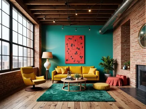 contemporary decor,modern decor,loft,mid century modern,apartment lounge,sitting room,interior design,living room,chaise lounge,interior decor,livingroom,decor,great room,furnishings,lofts,airbnb icon,mid century,sofas,teal and orange,interior decoration