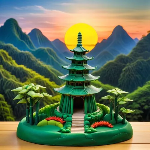 landscape background,mushroom landscape,japanese garden ornament,stone pagoda,pagodas,mountain scene,Unique,3D,Clay