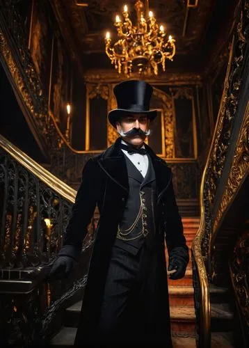 napoleon iii style,victorian,bellboy,victorian style,the victorian era,stovepipe hat,top hat,the emperor's mustache,concierge,gentlemanly,admiral von tromp,aristocrat,butler,black hat,four poster,napoleon bonaparte,cravat,digital compositing,ringmaster,frock coat,Photography,Documentary Photography,Documentary Photography 11