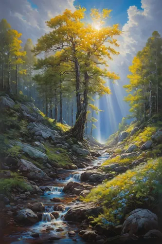 Becoming Light by neil nelson -  sized 40x40 inches. Available from Whitewall Galleries,forest landscape,oil painting on canvas,oil painting,brook landscape,landscape background,mountain scene,oil on 