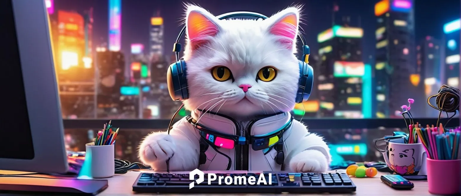 Cute AI cat, meme face, cartoonish eyes, fluffy white fur, pink nose, sitting posture, front legs crossed, wearing a miniature CPU headset, surrounded by coding books and wires, messy desk, laptop scr