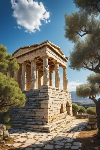 Ancient Greek monument, grandiose architecture, marble stone, intricate carvings, ornate columns, arches, domes, stairs, statue of a Greek god, Athena or Apollo, pedestal, olive trees surrounding, sun