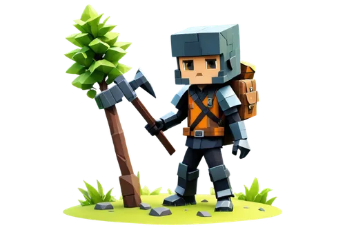 blocky terrain, low-poly 3D, bright vibrant colors, cube-shaped trees, Creeper, Enderman, Steve, Alex, pickaxe, diamond sword, leather armor, backpack, mining helmet, rugged boots, standing pose, fron