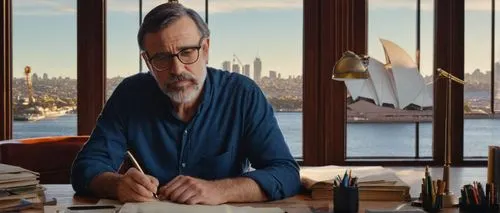 Middle-aged man, bespectacled, short brown hair, neatly trimmed beard, mature stylish clothing, holding a pen, sitting at a wooden desk, surrounded by architectural designs, books, and papers, warm li