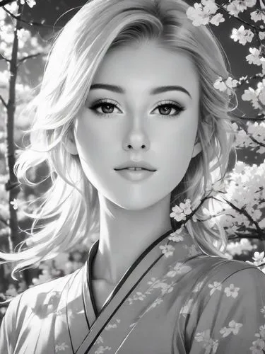 Japanese 2D drawing of a beautiful blonde Manga lady in Japanese countryside, sunshine, cherry blossom, gorgeous, cinematic, lens flare, stylised, Ghibli style,the beautiful asian woman with flowers i