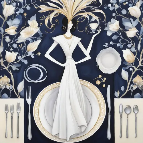 silver wedding,blue and white porcelain,place setting,cooking book cover,flatware,dinnerware set,tableware,silver cutlery,chinaware,tablescape,placemat,bridal,utensils,the snow queen,caterer,table setting,wedding banquet,cutlery,art deco woman,dinner-plate magnolia,Illustration,Abstract Fantasy,Abstract Fantasy 03