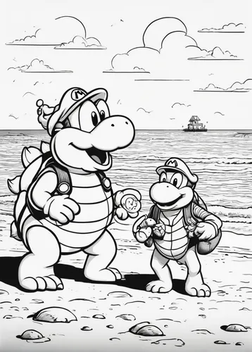 super mario brothers,petrol-bowser,mario bros,fuel-bowser,true toad,yoshi,super mario,blackandwhitephotography,beach walk,mario,nintendo,beach goers,childhood friends,hold hands,duck and turtle,b w,building sand castles,tourists,coloring page,coloring pages kids,Illustration,Black and White,Black and White 19