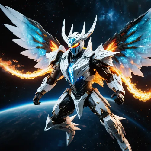 white mortal kombat mtalic transformer dragon flying  in space, sakura fire breath, two wings, one tail,,garuda,mg j-type,gundam,iron blooded orphans,cynosbatos,sky hawk claw,mazda ryuga,wing ozone ru