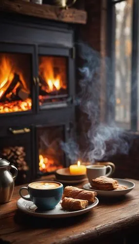 Cozy cafe, wooden logs, crackling fire, warm ambiance, comfortable seating, soft cushions, rustic decor, vintage lamps, steaming cups, aromatic coffee, delicious pastries, warm lighting, intimate atmo