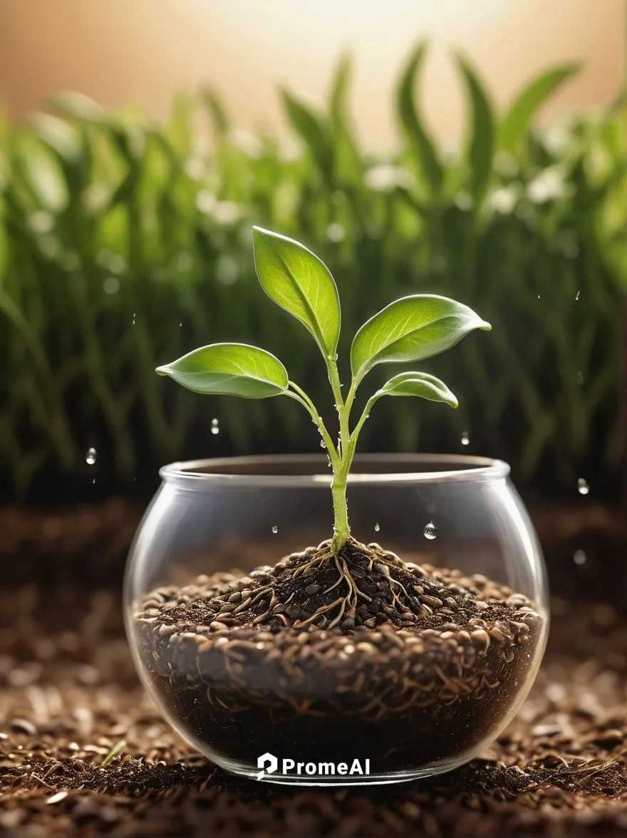 Agricultural scene, close-up, seed germination process, detailed texture, transparent glass container, water droplets, sunlight, warm ambient lighting, shallow focus, 3/4 composition, realistic render